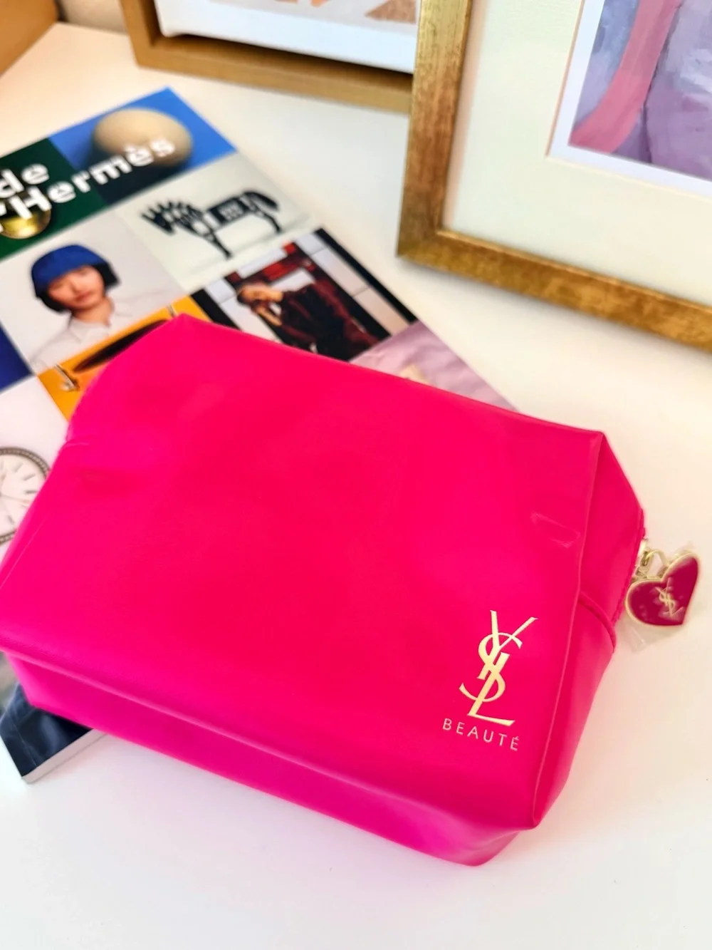 YSL Fuchsia Cosmetic Bag Heart Zipper